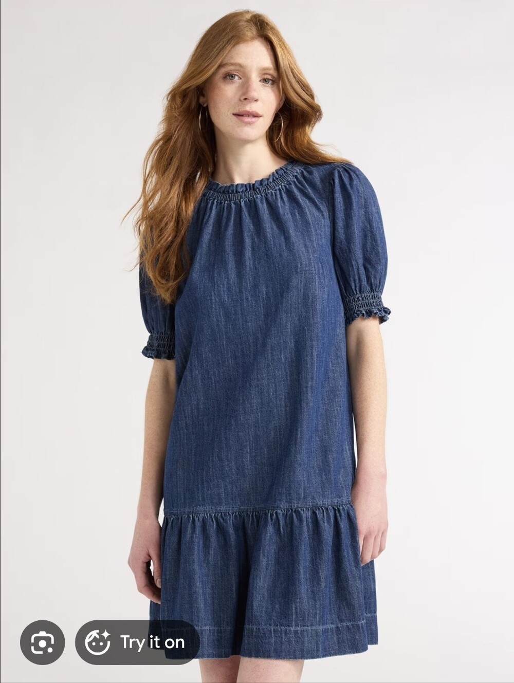 Denim Ruffle Mini 100% Cotton Dress With Puff Sleeves
